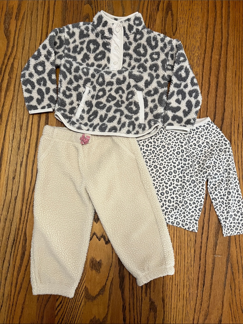 Carter's Gray Leopard Sherpa Top with Cream Sherpa Pants & Leopard Tee